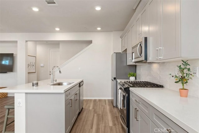 kitchen with visible vents, a kitchen island with sink, a sink, backsplash, and stainless steel appliances