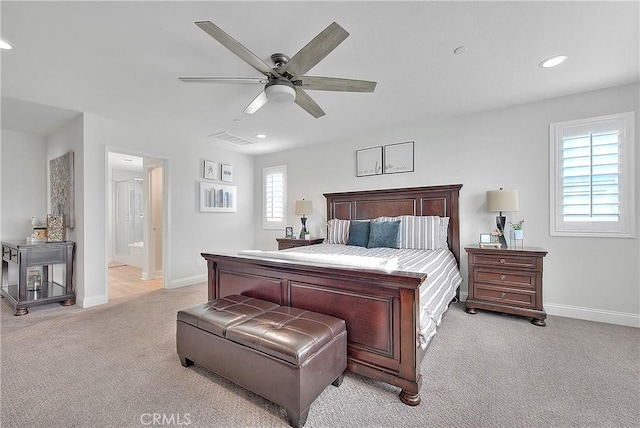 bedroom featuring a ceiling fan, baseboards, visible vents, recessed lighting, and light carpet