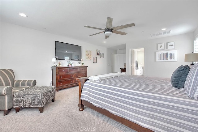 bedroom featuring recessed lighting, visible vents, light carpet, and a ceiling fan