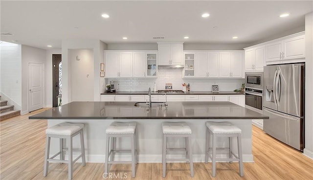 kitchen with light wood-style flooring, a sink, under cabinet range hood, appliances with stainless steel finishes, and dark countertops