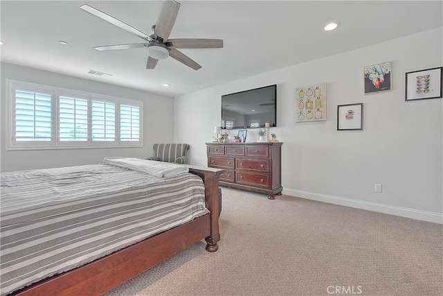 bedroom featuring visible vents, baseboards, ceiling fan, light carpet, and recessed lighting