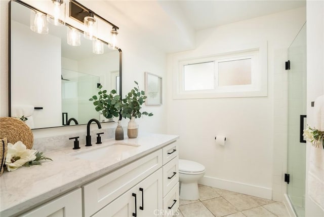 full bathroom with a shower stall, baseboards, toilet, tile patterned floors, and vanity