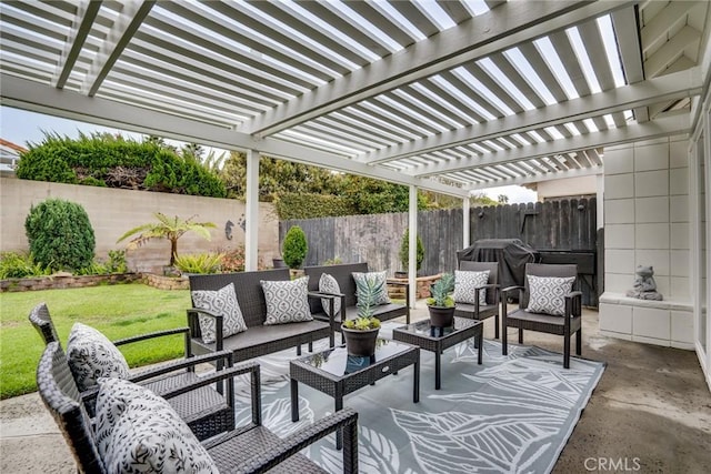 view of patio / terrace with a grill, an outdoor hangout area, a pergola, and a fenced backyard