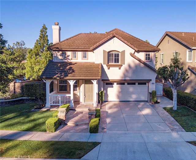 mediterranean / spanish home featuring stucco siding, a porch, concrete driveway, an attached garage, and a chimney