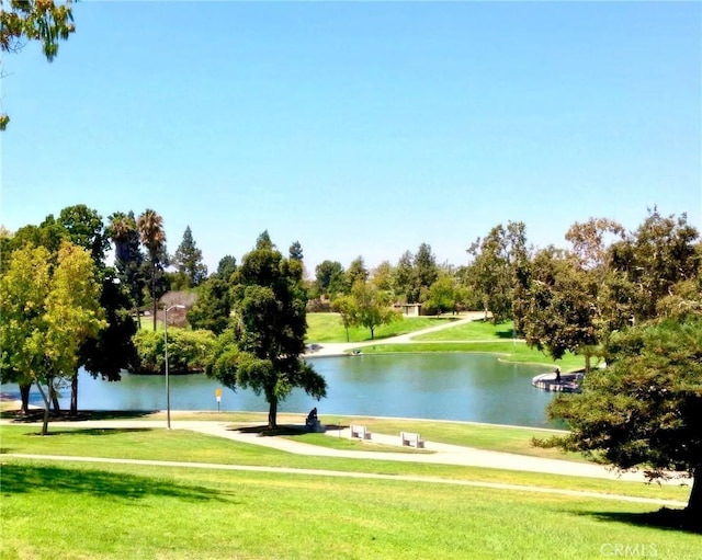 view of property's community featuring a yard and a water view