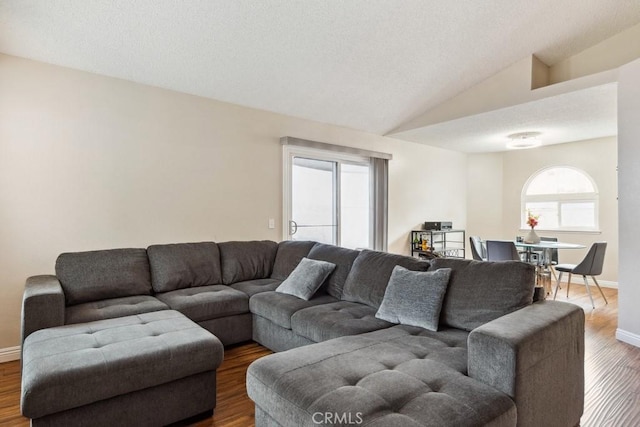 living area with lofted ceiling, wood finished floors, baseboards, and a textured ceiling