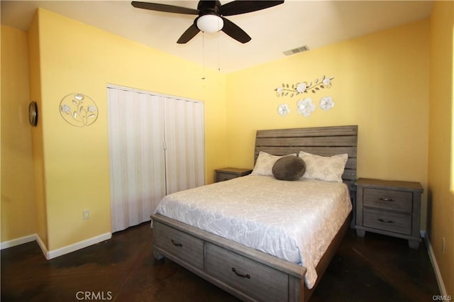 bedroom featuring visible vents, ceiling fan, and baseboards