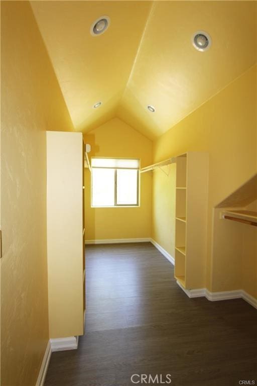 walk in closet with dark wood-style floors and lofted ceiling