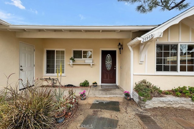 view of exterior entry with stucco siding