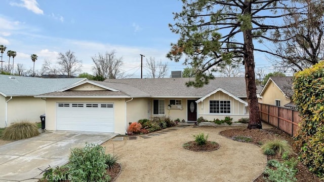 ranch-style house with stucco siding, roof with shingles, a garage, and fence