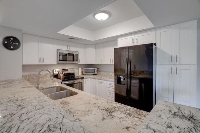 kitchen featuring light stone counters, a tray ceiling, and appliances with stainless steel finishes