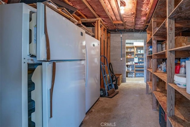 basement with freestanding refrigerator