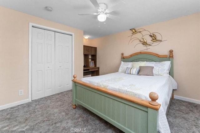 bedroom featuring a closet, carpet flooring, ceiling fan, and baseboards