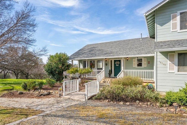 view of front of home featuring covered porch and roof with shingles