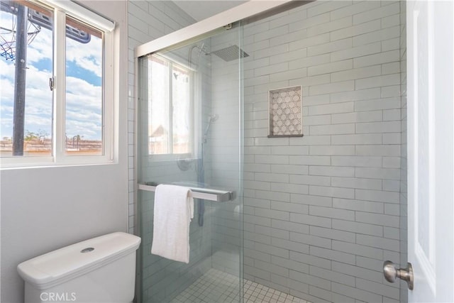 full bathroom featuring toilet and a stall shower