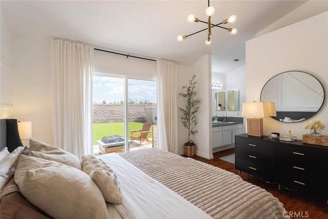 bedroom with visible vents, dark wood-style flooring, access to outside, a chandelier, and connected bathroom