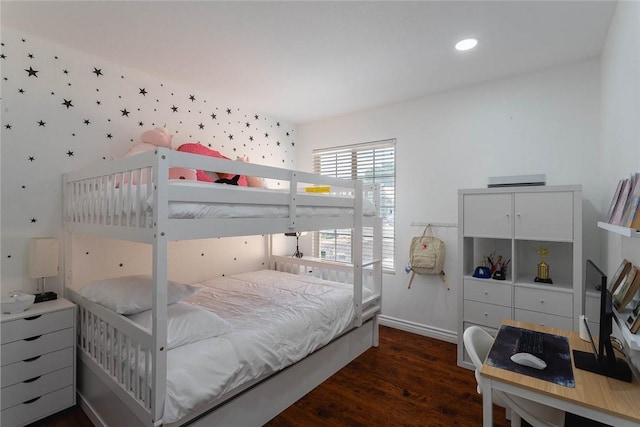 bedroom with recessed lighting, baseboards, wood finished floors, and wallpapered walls