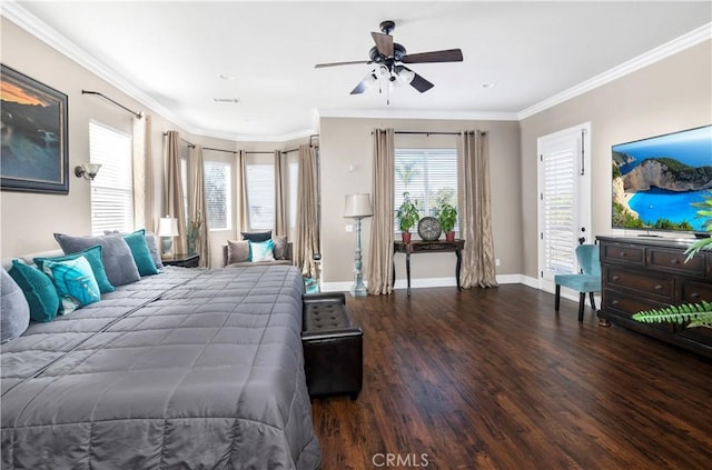 bedroom with visible vents, ceiling fan, baseboards, ornamental molding, and wood finished floors