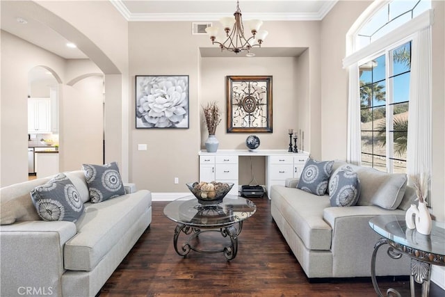 living area with visible vents, crown molding, and dark wood-style flooring