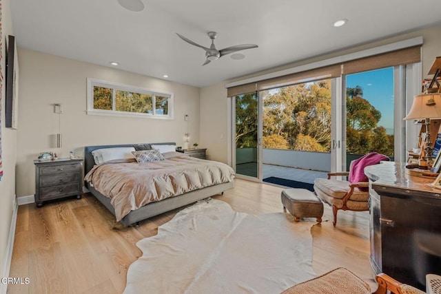 bedroom with light wood-style flooring, ceiling fan, recessed lighting, and access to outside