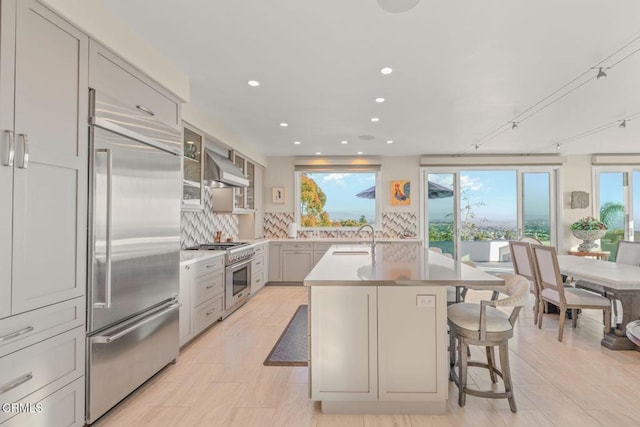kitchen with plenty of natural light, tasteful backsplash, a center island with sink, a sink, and high quality appliances