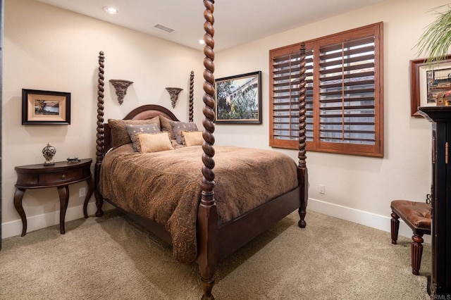 bedroom with recessed lighting, visible vents, baseboards, and carpet