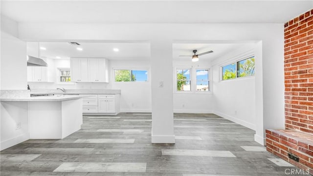 kitchen with white cabinetry, light wood-type flooring, baseboards, and light countertops