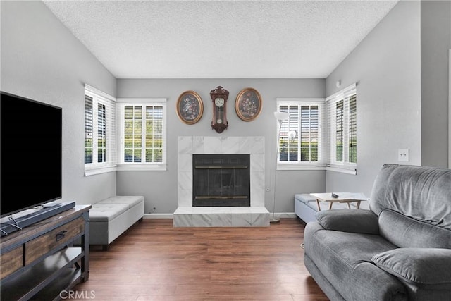 living room with plenty of natural light, a textured ceiling, wood finished floors, and a fireplace