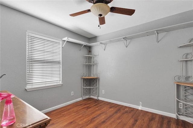 interior space featuring wood finished floors and a ceiling fan