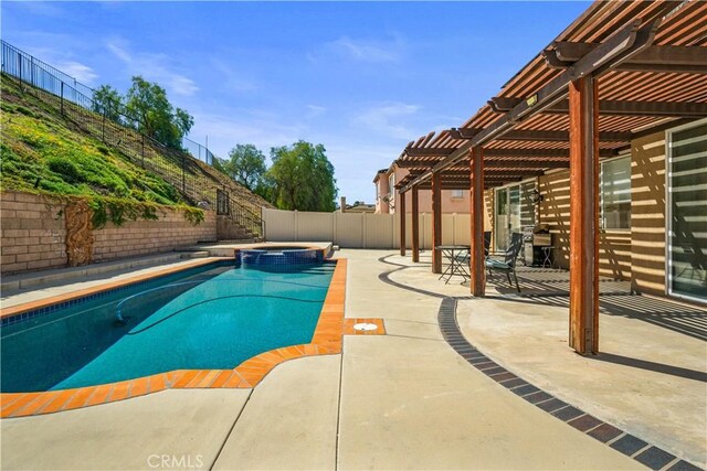 view of pool with a patio, a fenced backyard, a pergola, and a pool with connected hot tub