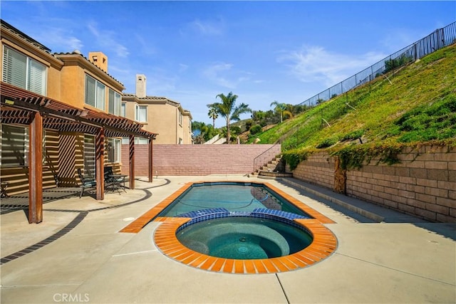 view of swimming pool with a fenced in pool, a fenced backyard, an in ground hot tub, a pergola, and a patio