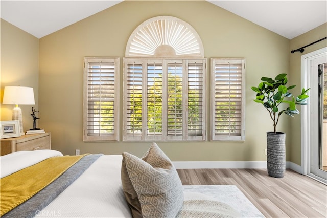 bedroom featuring vaulted ceiling, wood finished floors, and baseboards