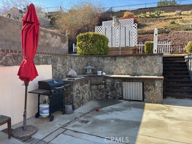 view of patio / terrace featuring fence and grilling area