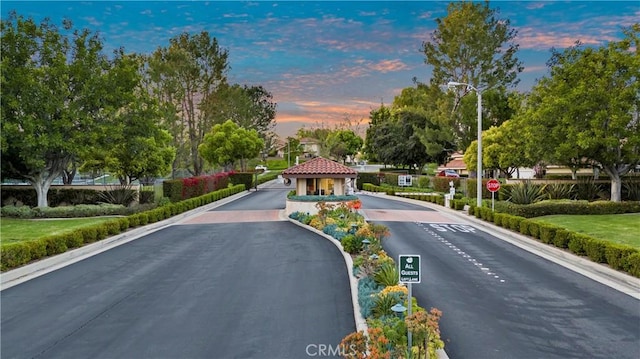 view of road with traffic signs, curbs, street lights, and a gated entry