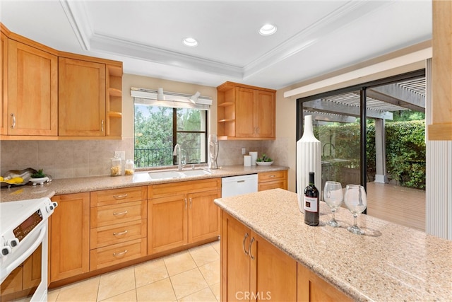 kitchen featuring a sink, a raised ceiling, electric stove, and open shelves