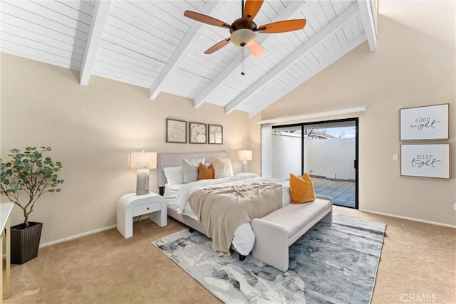 carpeted bedroom featuring access to exterior, beamed ceiling, baseboards, and high vaulted ceiling