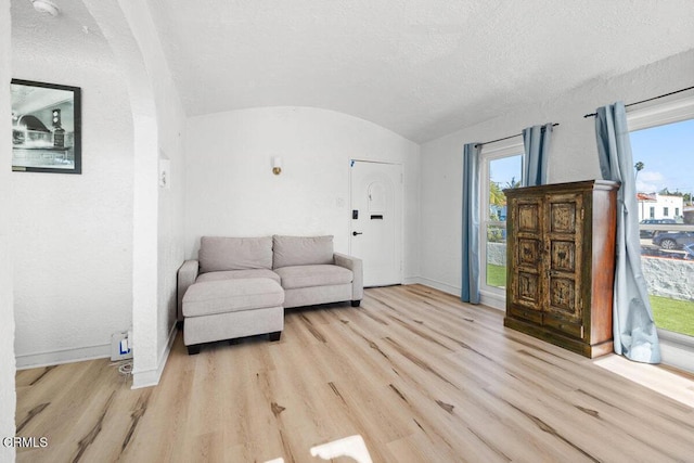 living area with vaulted ceiling, baseboards, and wood finished floors