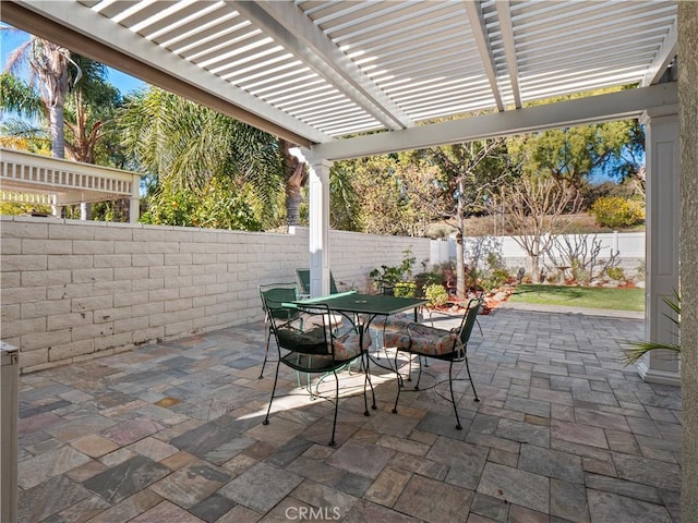 view of patio featuring outdoor dining space, a fenced backyard, and a pergola