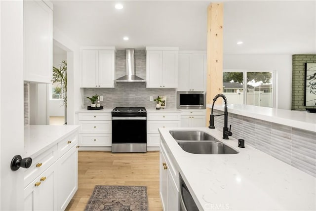 kitchen featuring a sink, wall chimney exhaust hood, white cabinets, decorative backsplash, and stove