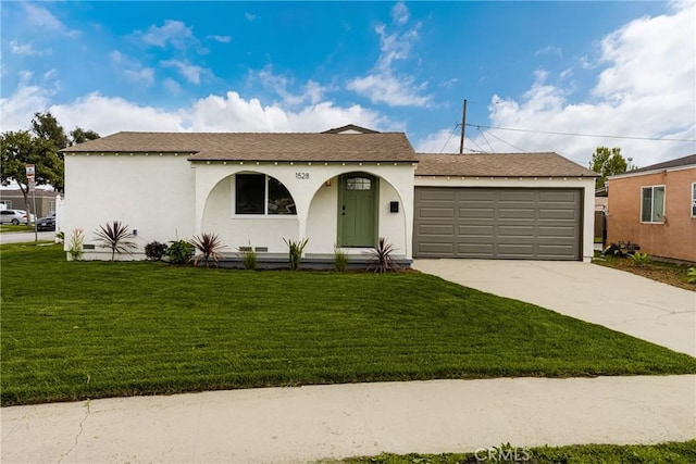 ranch-style house with stucco siding, an attached garage, concrete driveway, and a front yard