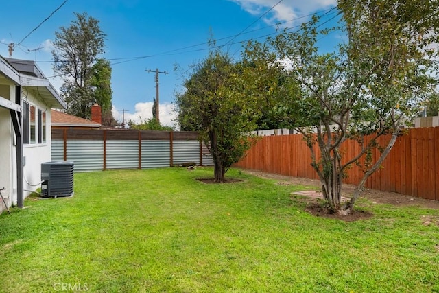 view of yard featuring central air condition unit and a fenced backyard