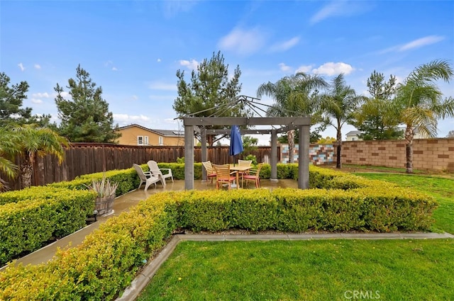 view of yard featuring a gazebo, a patio, and a fenced backyard