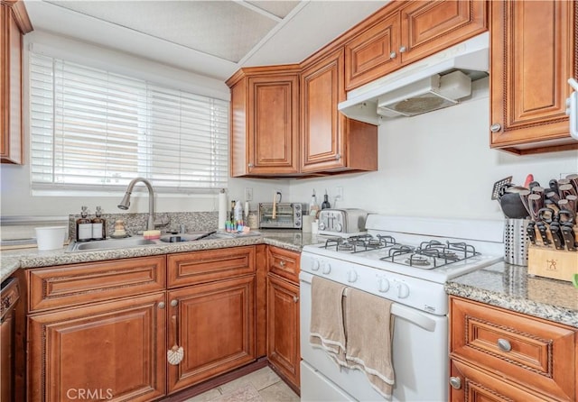 kitchen featuring under cabinet range hood, dishwasher, white range with gas cooktop, brown cabinets, and a sink