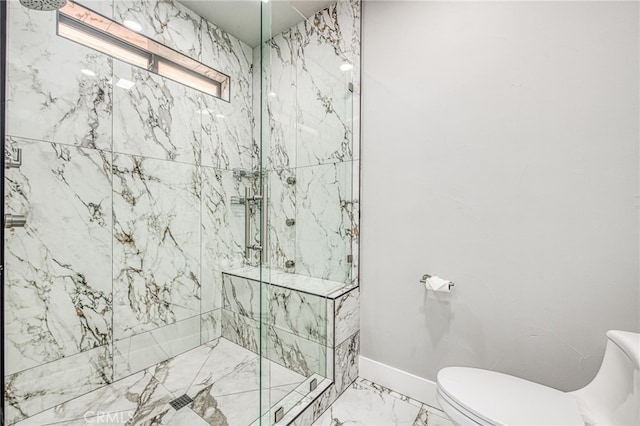 full bath with a marble finish shower and toilet