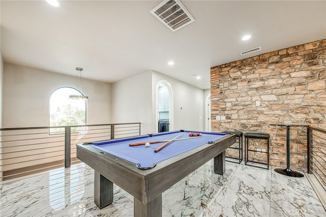 recreation room featuring billiards, recessed lighting, visible vents, and marble finish floor