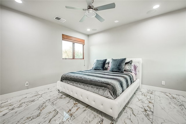 bedroom with visible vents, recessed lighting, baseboards, and ceiling fan