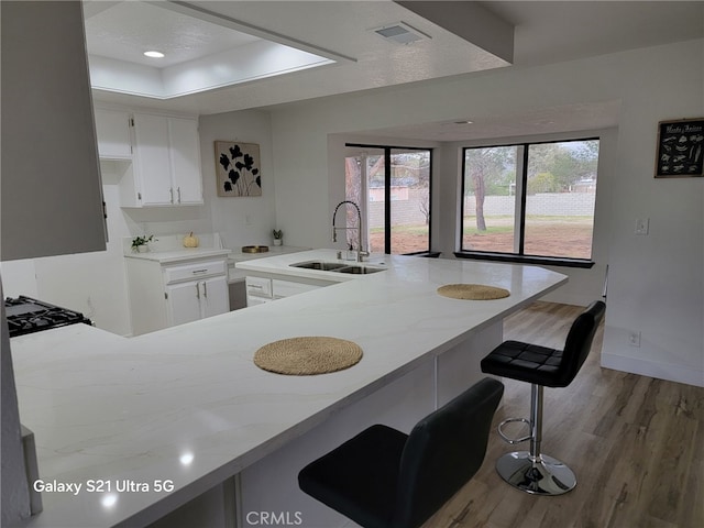 kitchen with visible vents, light stone countertops, a kitchen breakfast bar, wood finished floors, and a sink