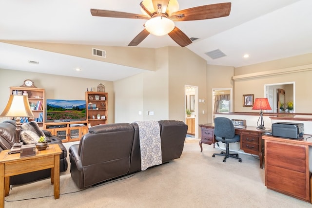 living area with vaulted ceiling, carpet flooring, visible vents, and ceiling fan