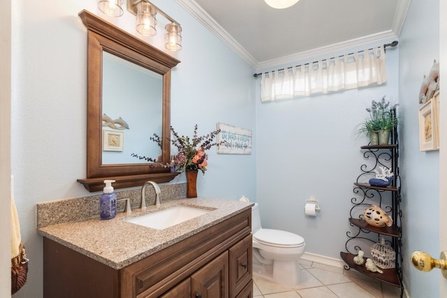 half bathroom with tile patterned flooring, toilet, vanity, and ornamental molding