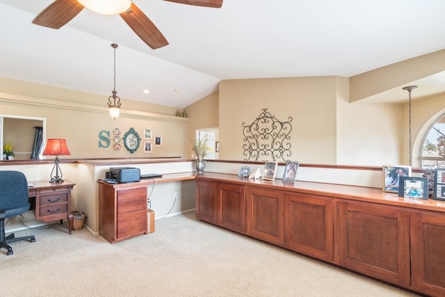 home office with light carpet, recessed lighting, a ceiling fan, and vaulted ceiling